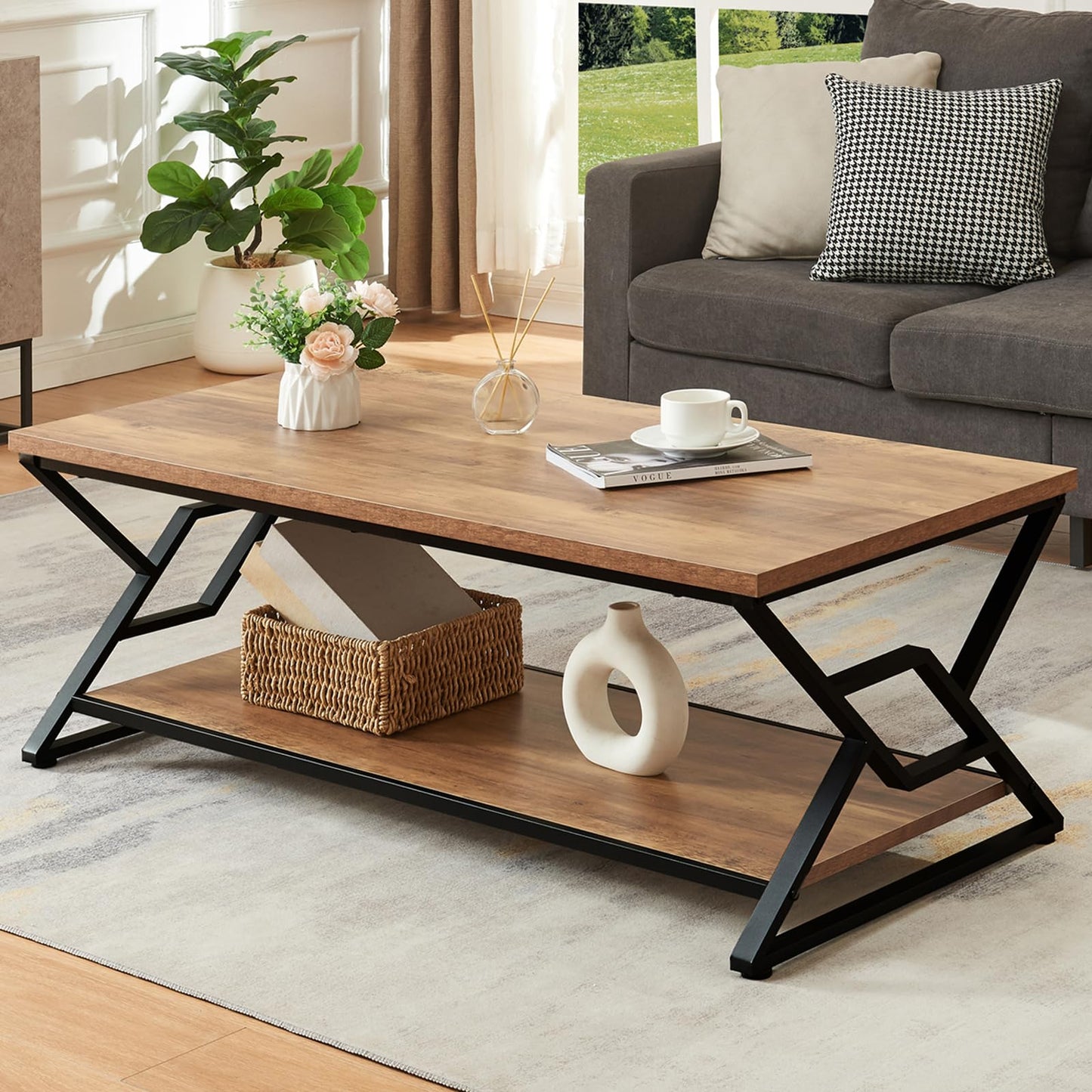 HOMISSUE Coffee Table, Rustic Rectangle Coffee Table with 2-Tier Storage, Engineered Wood Center Table with Open Shelves, Minimalist Coffee Table for Living Room, 47 Inch, Oak Brown