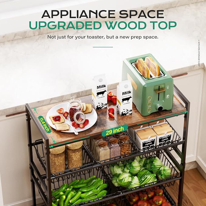 Cinati 4-Tier Utility Kitchen Cart with Wood Top, 29" W Kitchen Storage Cart with 8 Baskets & Handle, Metal Snack Cart with Wheels, Adjustable Pantry Organizer and Storage Cart for Fruit, Vegetables