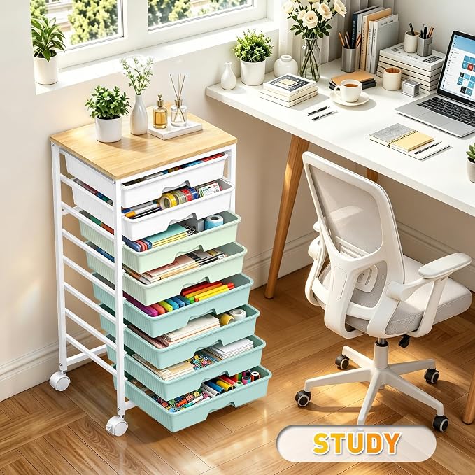 SUNALLY Rolling Storage Utility Cart With 8 Drawers, Storage Drawer Cart with Wooden Tabletop and 2 Lockable Wheels, 8 Tier Rolling Cart for Craft Art Supply Storage & Home Office Organization, Green