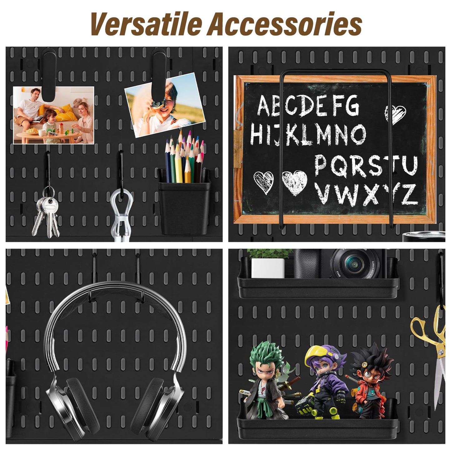 AKTOP Peg Board Wall Organizer 4-Pack – 12"x12" Black Pegboard Combination Kit with 13 Accessories for Wall, Plastic Peg Board Panels for Home, Office, Garage Tool Storage & Craft Room
