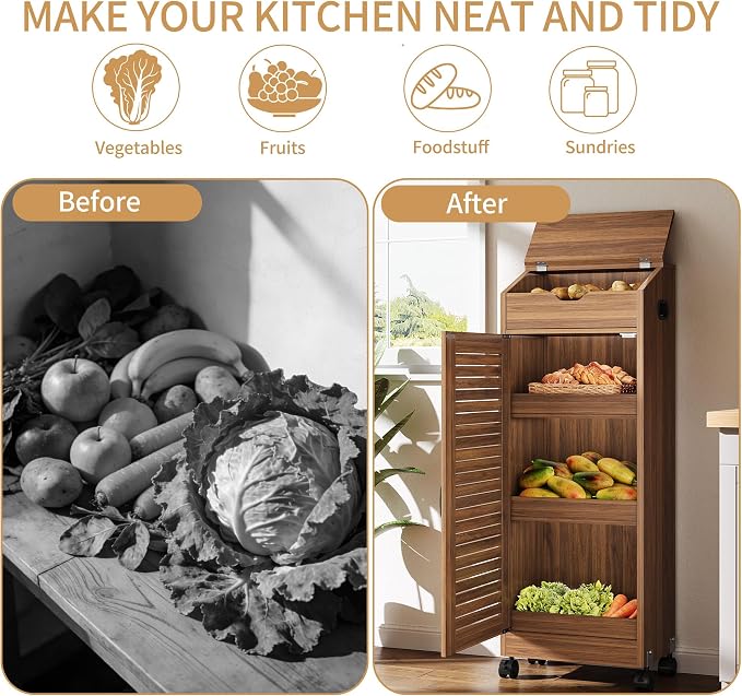 AwayHome 4 Tier Large Potato Storage Bin, Wood Bread Box with Lid and Wheels, Movable Potato and Onion Storage Bin,Decorative Fruit and Vegetable Organization Cabinet for Kitchen,Pantry