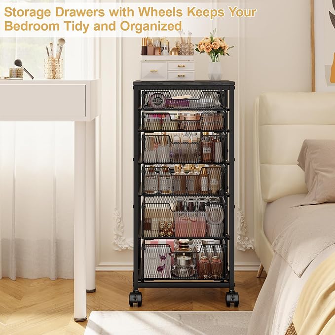 Sbanmao 6 Drawers Rolling Utility Cart, Rolling Storage Cart with Wooden Tabletop, Storage Drawer Cart on Lockable Wheels, Craft Cart for Bedroom, Classroom, Office, Black