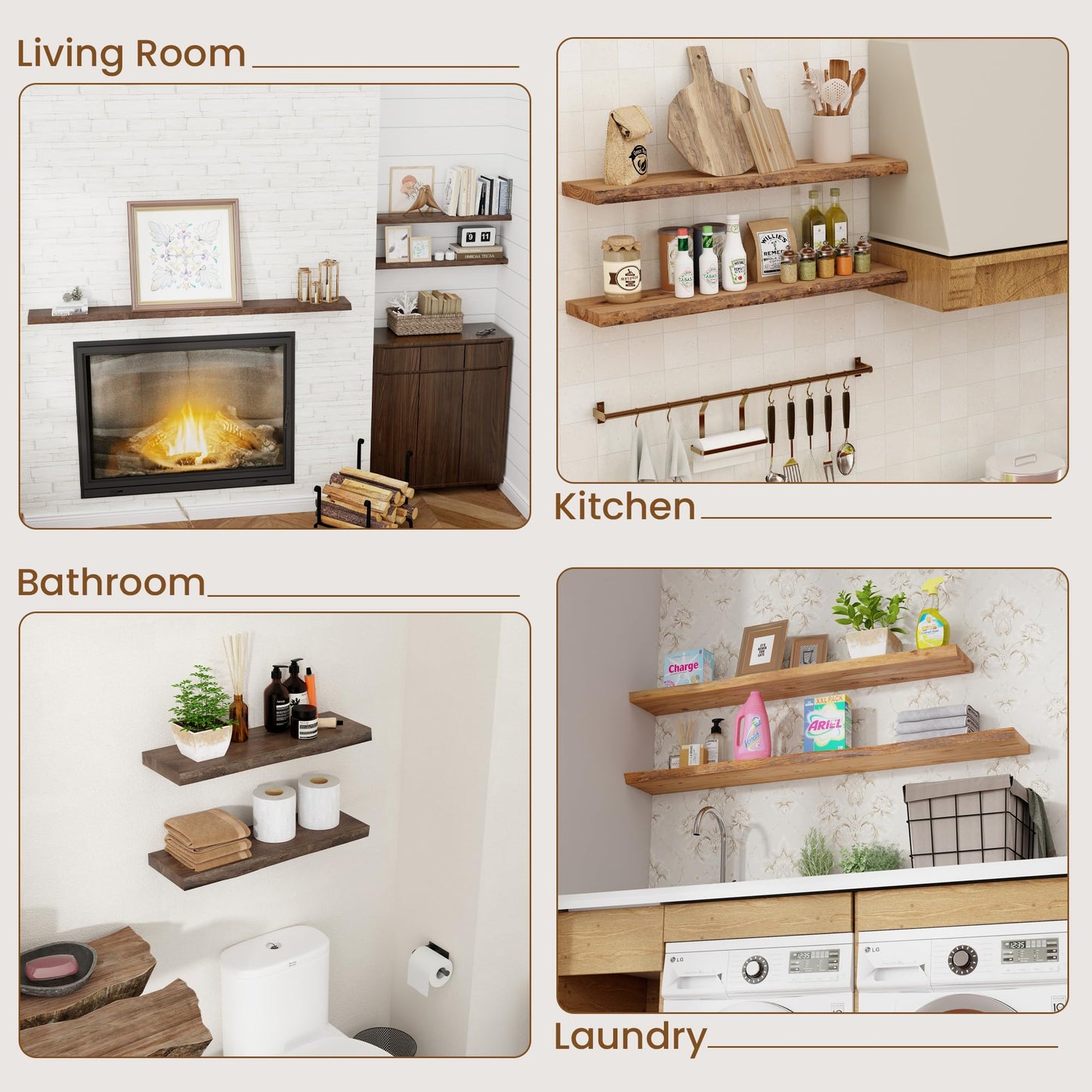 Floating Shelves for Wall Decor, Rustic Solid Elm Wood Live Edge Floating Shelves Wall Mounted, Wall Shelves with Invisible Bracket for Living Room Bathroom Bedroom Kitchen, 24 Inch Set of 2, Natural
