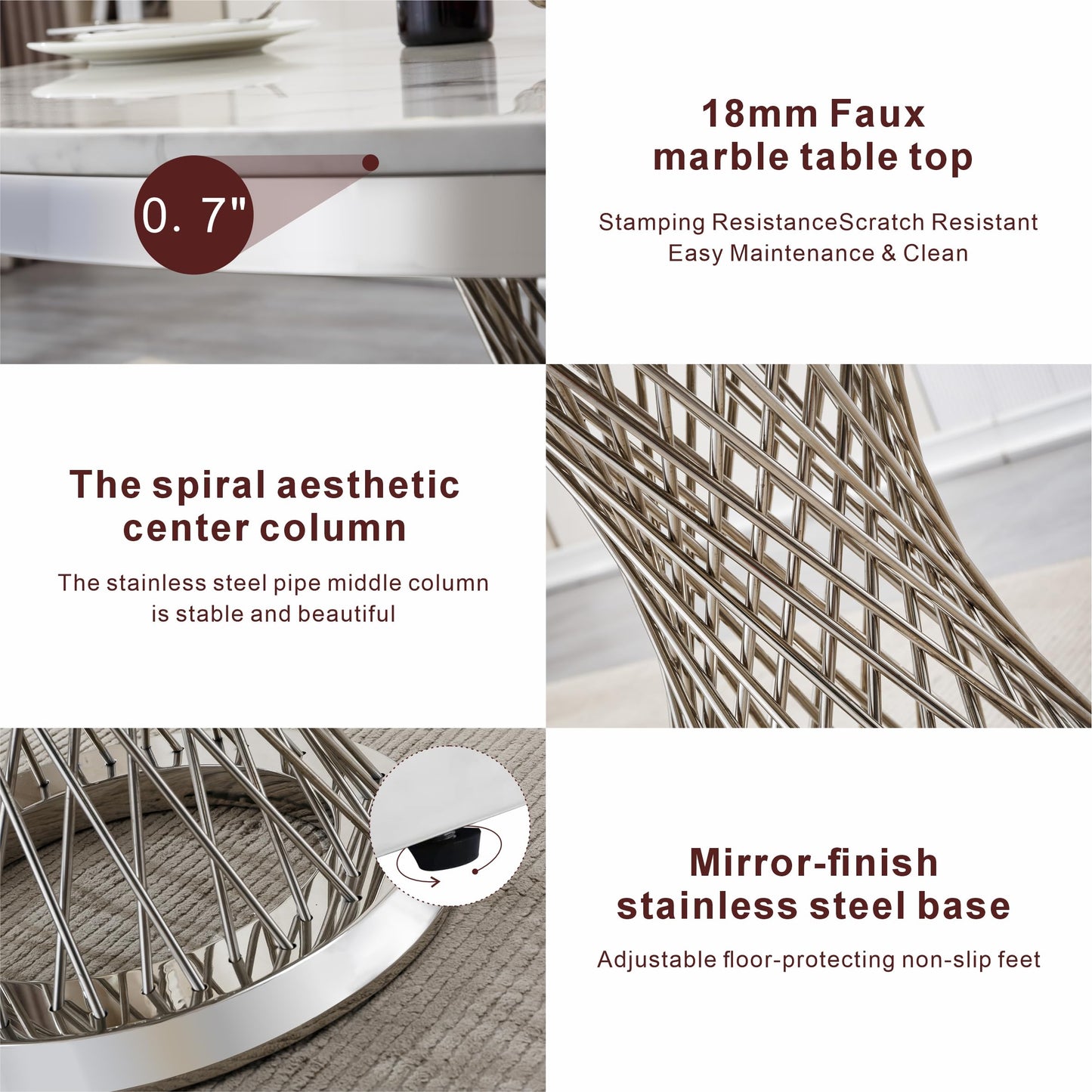 GlyphForm 47" Round Faux Marble Dining Table for 4 to 6, Luxury Modern White Kitchen Table with Silver Stainless Steel Spiral Base Frame,easy to clean Heavy Duty Dining Room Table for Home Office,MDF