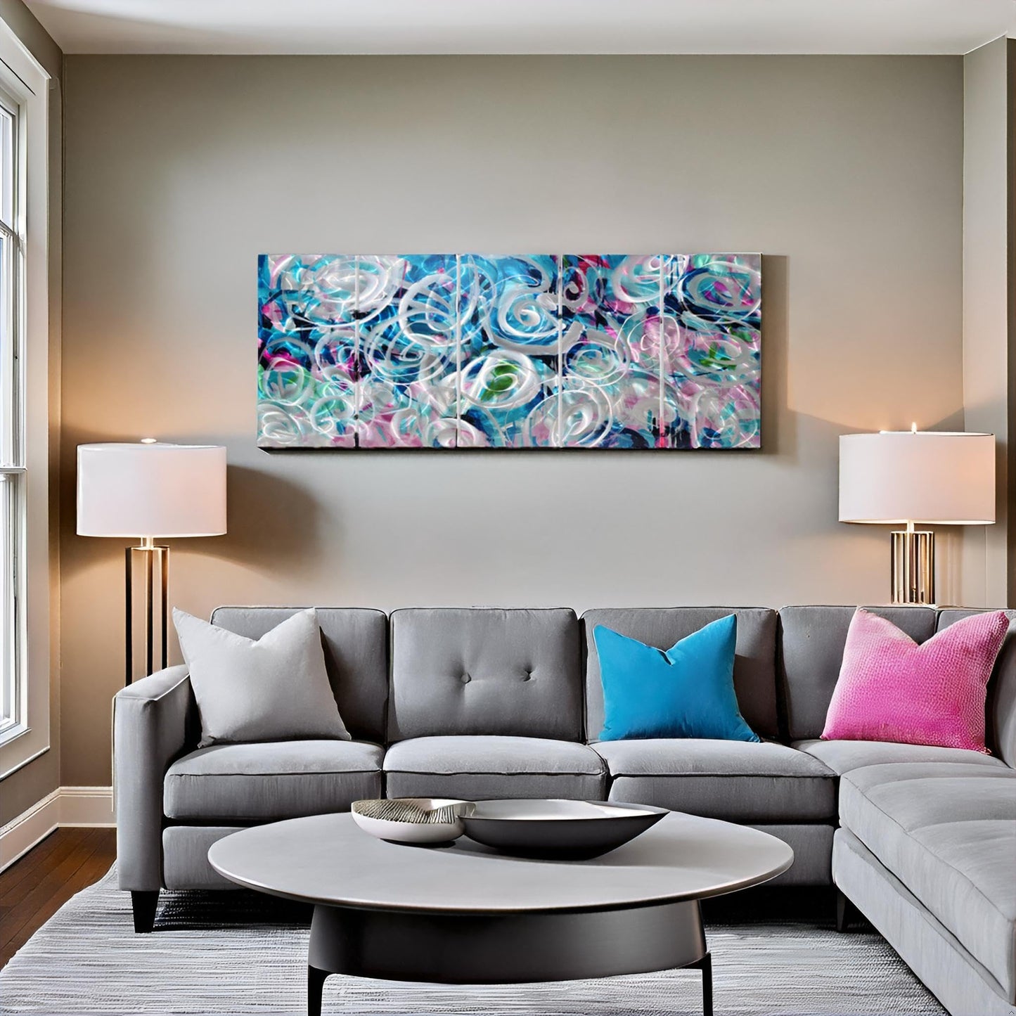 RICHSPACE ARTS Large Flower Field Metal Wall Art with 3D Texture 5 Pieces Blue and Pink Modern Wall Decor Hanging Sculptures for Living Room Bedroom Office Home Gift Ideas