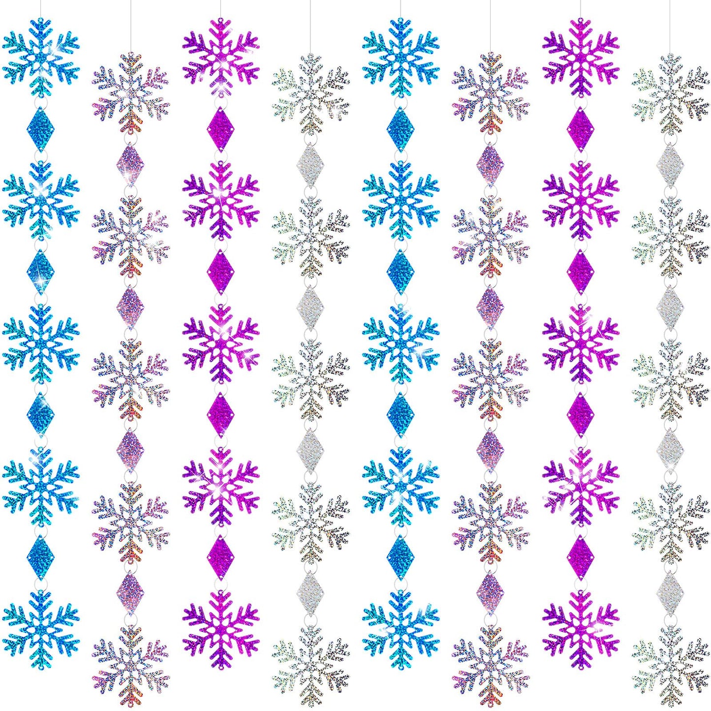 CroBlissful 8 Pack Winter Christmas Hanging Snowflake Decorations Blue Purple Glitter Snowflake Garland Decorations Banner Backdrop for Winter Christmas Wonderland Home New Year Holiday Party