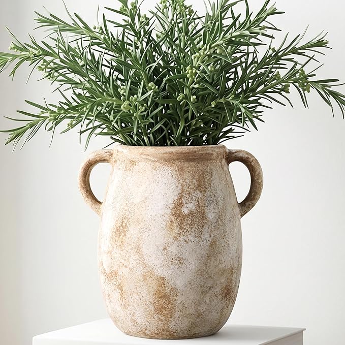 Ceramic Flower Vase with Handles, 7.9in Farmhouse Table Rustic Vases, Waterproof Pottery Clay, Flower Terracotta Vases for Home Decor, Living Room,Table, Handcrafted (Terracotta)
