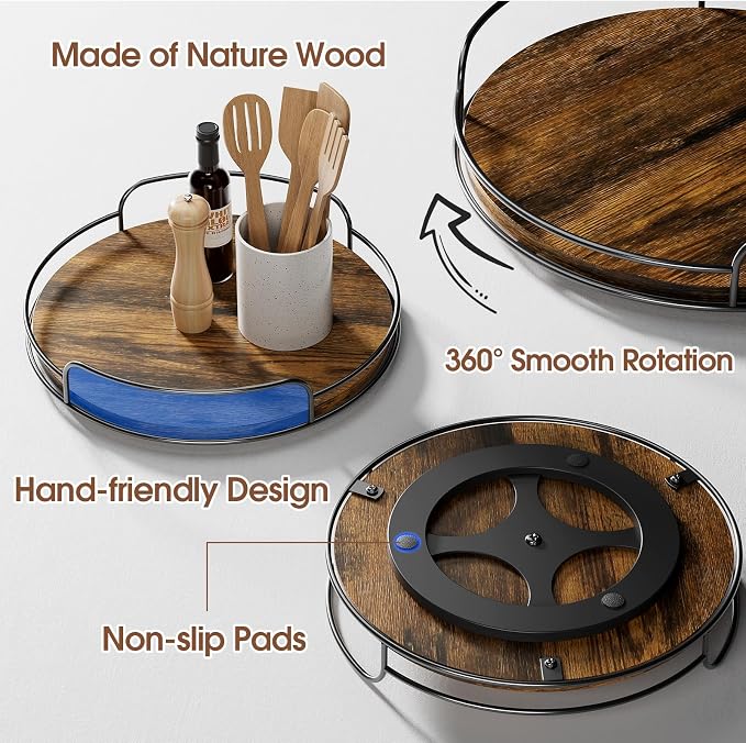 LAMU Lazy Susan Organizer, 9'' Lazy Susan Turntable for Cabinet, Table Top, Kitchen, Countertop, Bathroom, Pantry, Spice Organization, Wooden,1 Pack