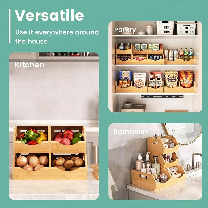 Potato and Onion Storage Bin, 2 Tier Bamboo Kitchen Storage Rack, Stackable Ventilated Pantry Organizer with Handles for Garlic Peppers Vegetables, Countertop Produce Bins, Natural Brown