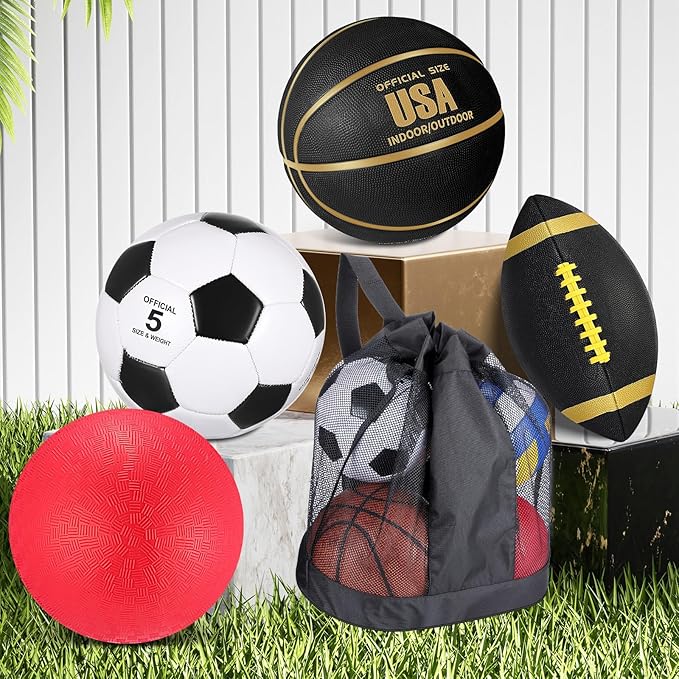 Lenwen 4 Pcs Sports Balls Set, Include Official Size Basketball Soccer Football Playground Ball Pump Equipment Bag for Teen Adult Gift Operation Christmas Ball Gifts