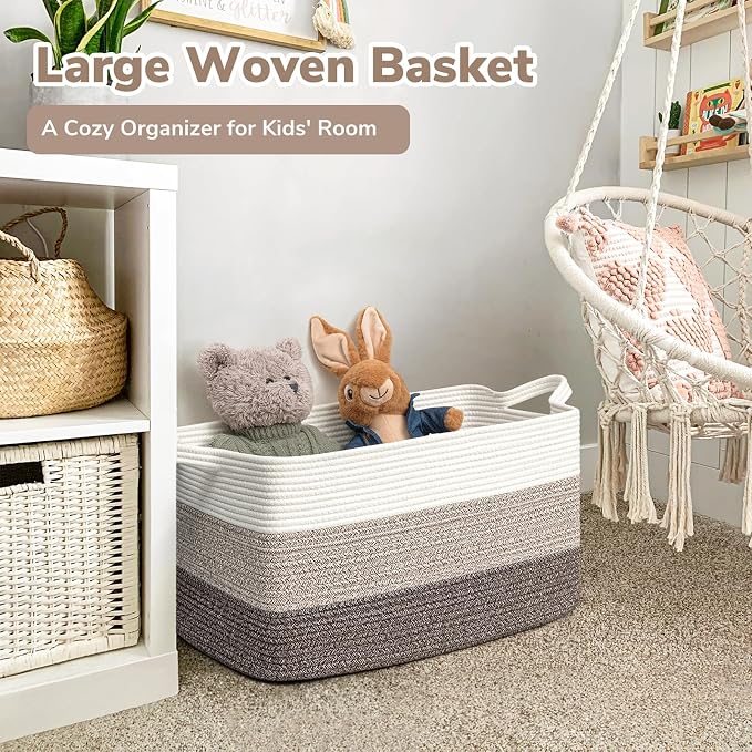 Goodpick Large Woven Storage Basket, 21.6"x14.9"x11.8", Blanket Storage for Bedroom and Living Room, Rectangle Rope Baskets for Storage, White Brown