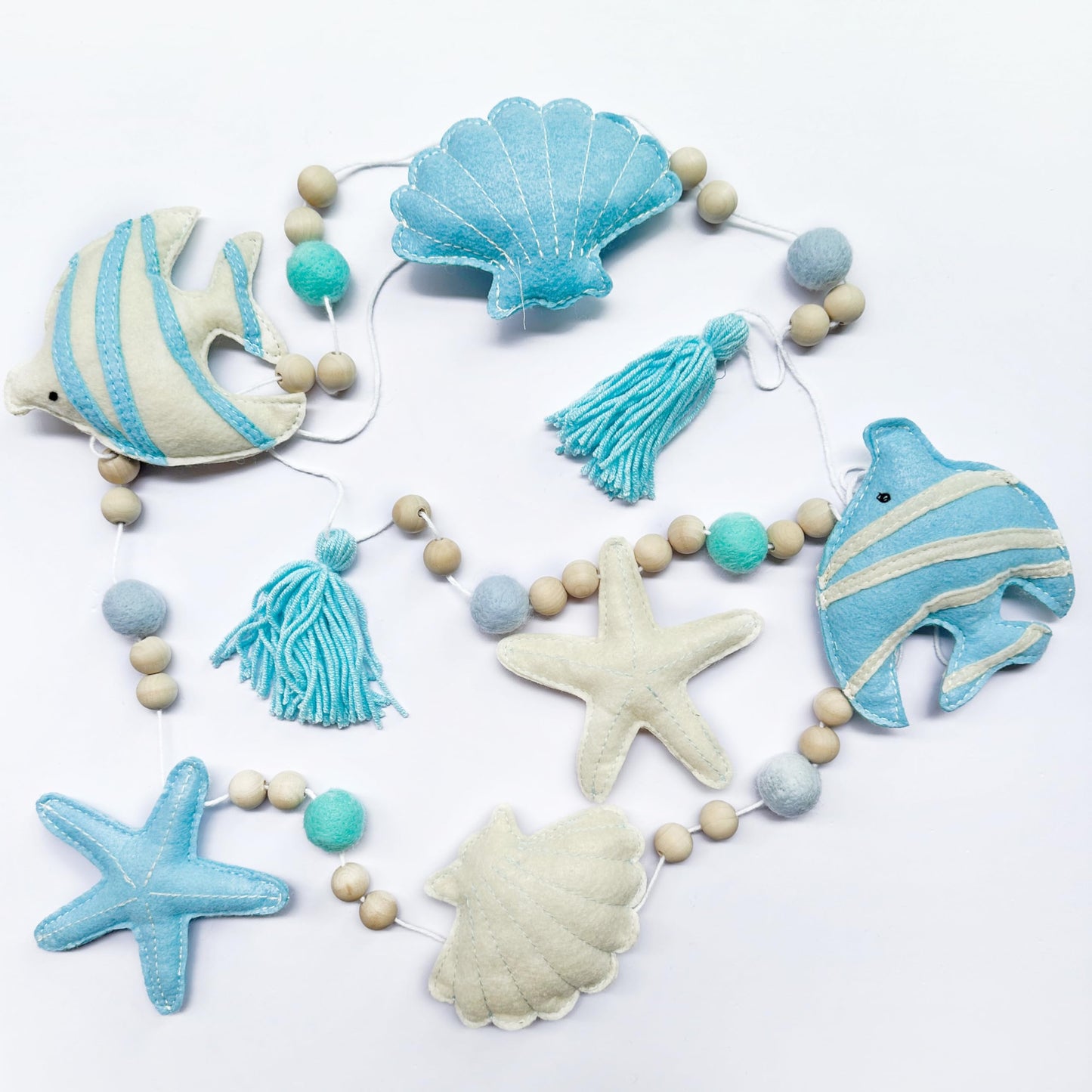 Under The Sea Decorations Pre-Strung Handmade Felt Blue Beige Ocean Fish Starfish Shell Banner Blue Aqua Wool Felt Ball Wooden Beads Tassel Garland for Ocean Beach Shell Mantle Fireplace Home Decor