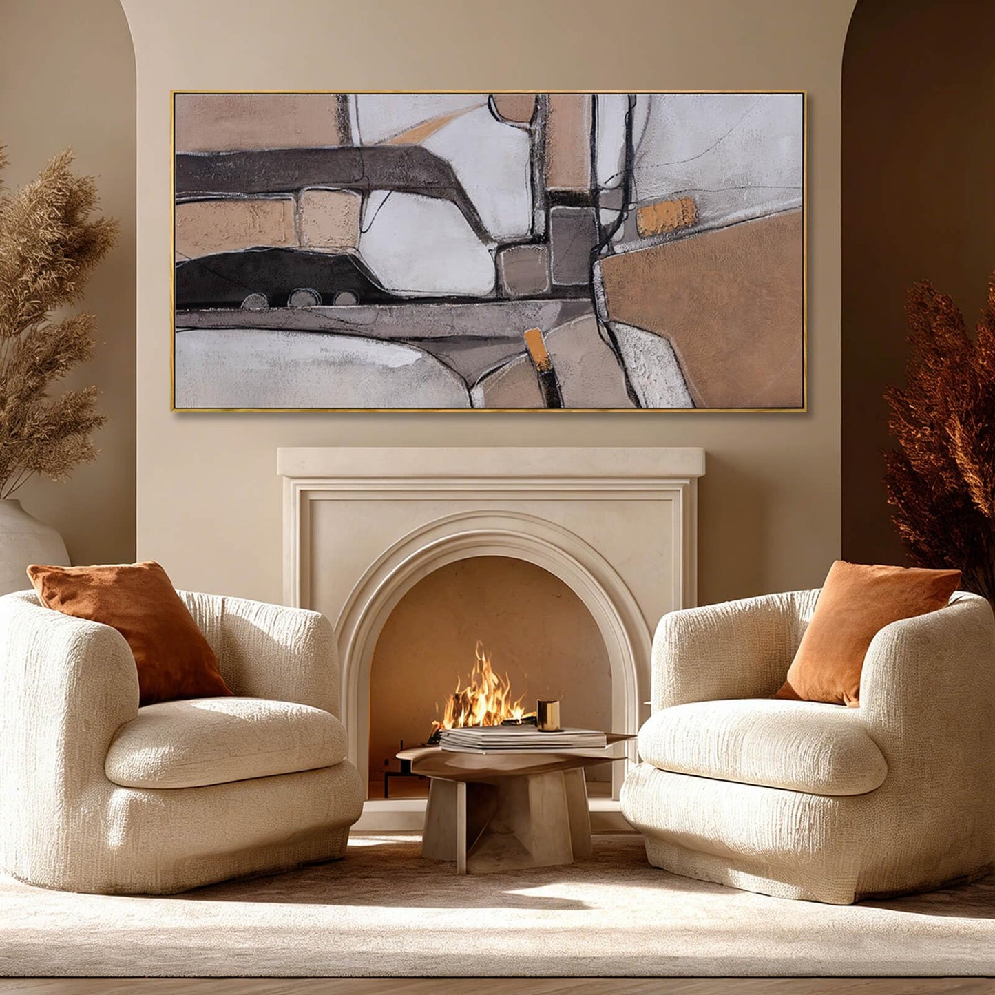 Brown Modern Neutral Abstract Canvas Wall Art 29x58 Inch, Large Framed Artwork with Wooden Frame, Contemporary Beige and Taupe Wall Decor for Living Room, Office, or Hallway