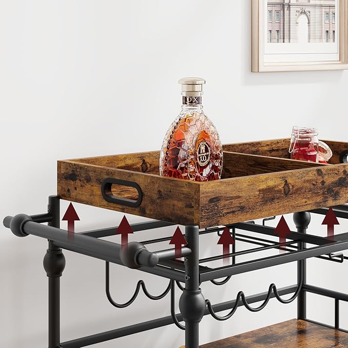 GarveeHome Bar Cart with Wheels, 3-Tier Serving Cart for Home, Mobile Rolling Beverage Cart with Wine Rack and Removable Tray for Kitchen, Dining, Living Room, 35.4" x 15.7" x 34.1", Rustic Brown