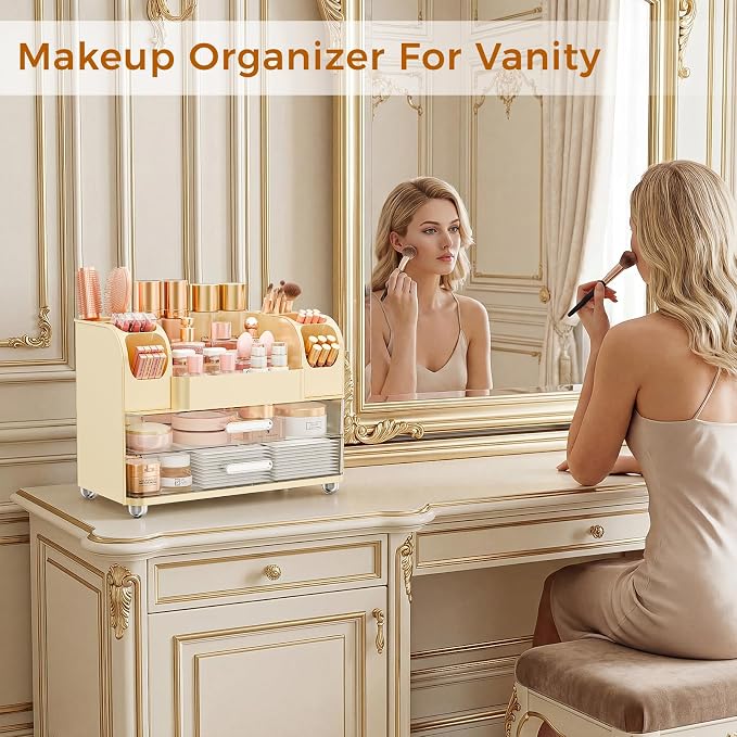 Makeup Organizer for Vanity with Brush Holder, Large Bathroom Countertop Organizer & Skincare Storage | Perfume, Cosmetics Display Case with Drawers (Cream White)