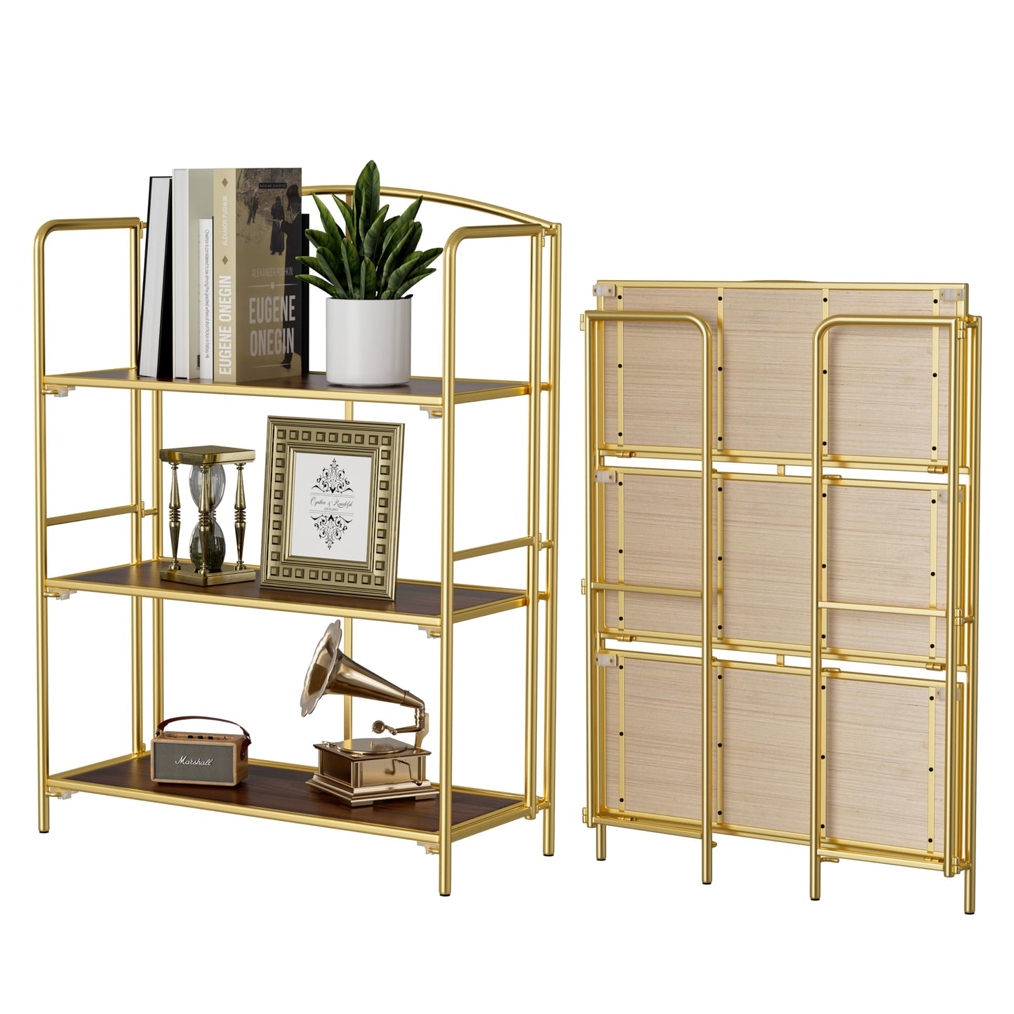 Crofy No Assembly Folding Bookshelf for Living Room, 3 Tier Gold Collapsible Book Shelf for Home Office, Portable Bookcase Storage Organizer