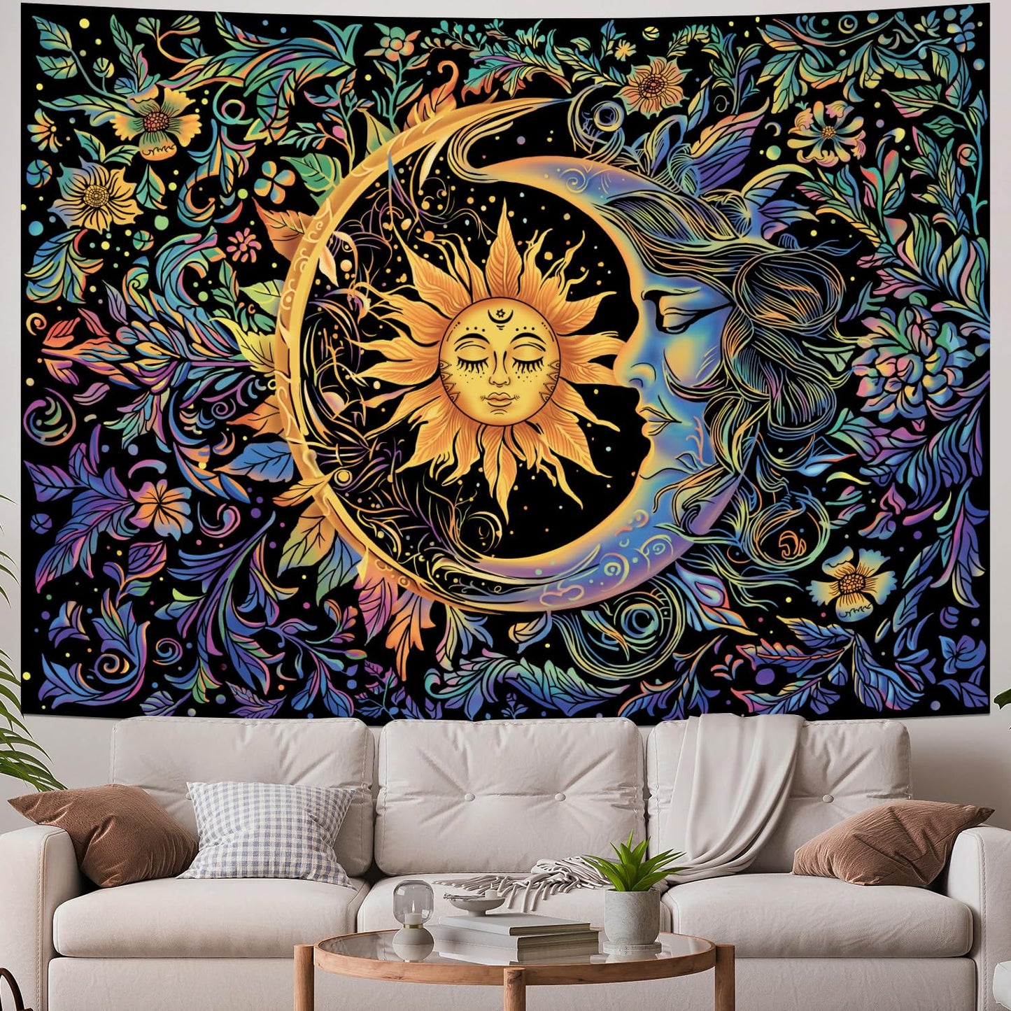 Sun and Moon Tapestry Psychedelic Mystic Floral Tapestry Hippie Boho Flower Plants Wall Tapestries Vintage Aesthetic Tapestries Wall Hanging for Bedroom
