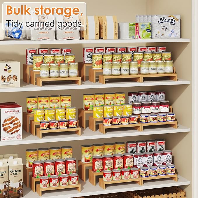 2 Sets Bamboo Can Organizer for Pantry, 3-Tier 6-Piece Adjustable Cabinet Can Display Rack, Soda Can Organizer Holds Up to 31 Cans, Canned Goods Storage Holder for Pantry, Cabinet, Countertop