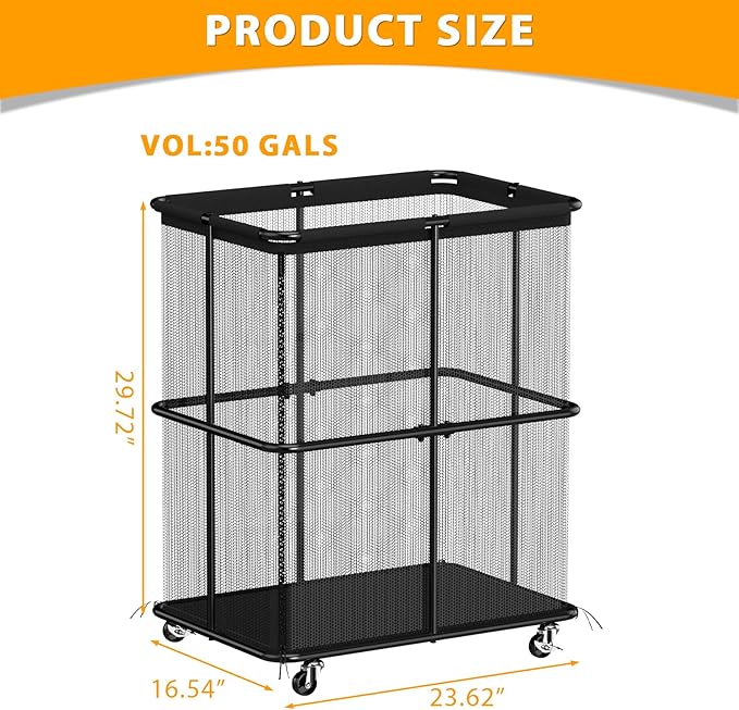 HEOMU Ball Storage Bin Rolling Garage Ball Storage Cart with Lockable Wheels, Metal Frame Mesh Basket Organizer with Zipper for Indoor Outdoor, Sports Equipment Organizer for Garage Gym School, Black