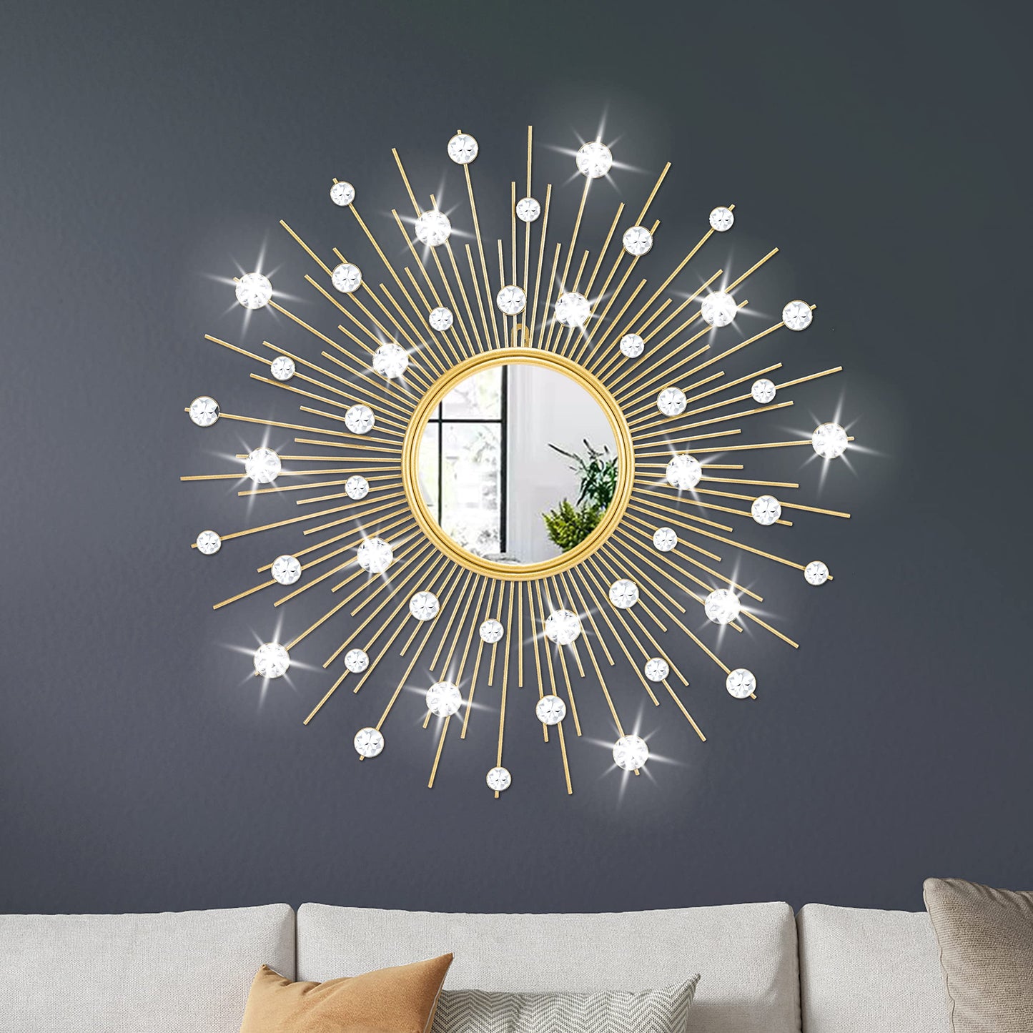 TaoliMo Gold Sunburst Mirror for Wall Decor Metal Sun Wall Mirror Decorative with Crystal Diamond for Living Room Bedroom Entryway Large Circle Mid Century Modern Starburst Wall Hanging 24 Inch