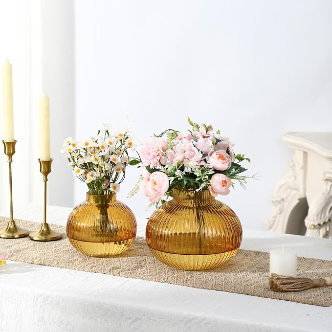 Amber Glass Vases for Tulips, Set of 2, Flower Vases for Bouquet, Ribbed Glass Vase for Flowers, Short Vase for Living Room, Office, Coffee Table, Shelf, Wedding