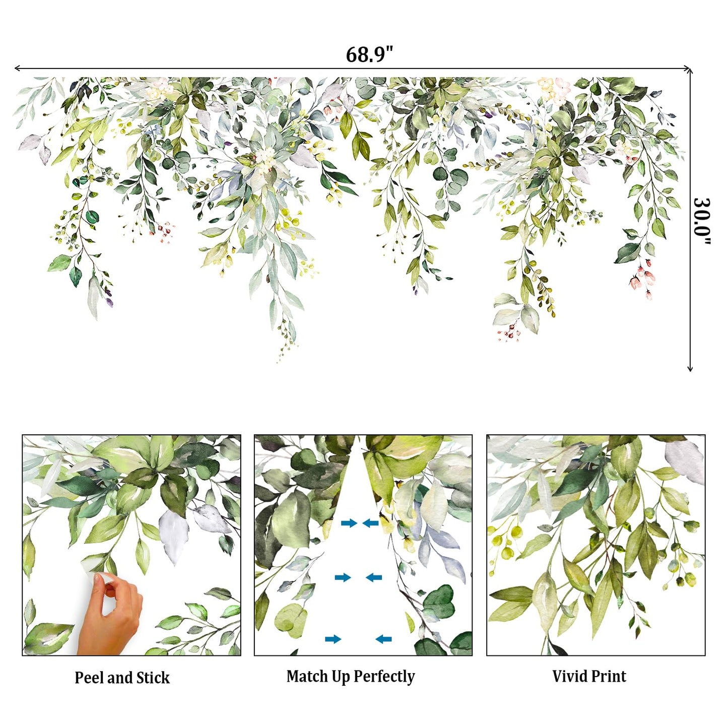 VePret Green Plants Leaves Wall Decals Peel and Stick, Large Floral Flowers Wall Stickers, Removable Vine Home Decor Art for Bedroom Living Room Classroom Office