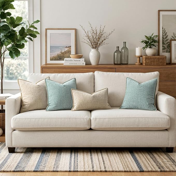 MIULEE Pack of 2 Summer Throw Pillow Covers 18x18 Inch Coastal Light Blue Farmhouse Cottage Decorative Pillow Covers Stitched Edge Soft Chenille Pillow Covers for Couch Sofa Bed Living Room,Aqua Haze