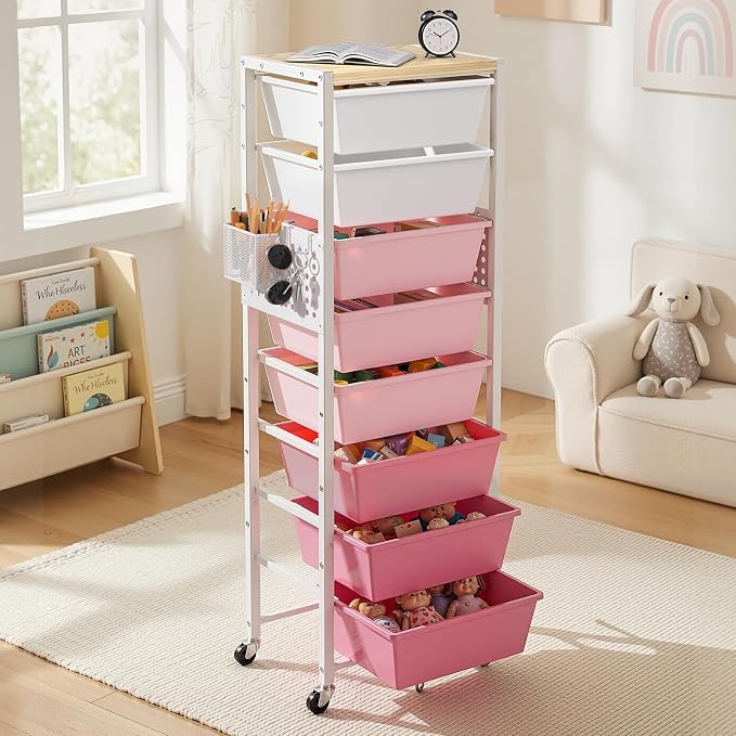 Rolling Cart with Drawers, Rolling Storage Cart with Large Plastic Drawers & Wooden Tabletop, Utility Cart with Pegboards & Basket, Storage Drawers Cart for Living Room, Classroom, Bedroom, Office