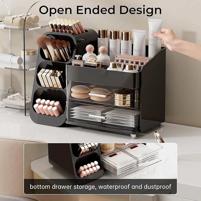 UFORU Makeup Organizer for Vanity with Brush Holder, Large Capacity Bathroom Countertop Skincare Organizer with 2 Drawers, Cosmetic Display Case for Perfumes, Eyeshadow Palettes, Nail Polishes