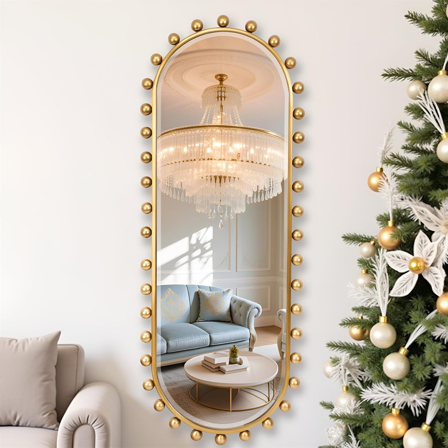 CAVINHOME Oval Full-Length Wall Mounted Mirror 20" x 51", Antique Gold Beaded Beveled Mirror with Ball Frame, Vertical & Horizontal Hanging Wall Mirror for Bathroom, Bedroom, Dressing Room, Entryway