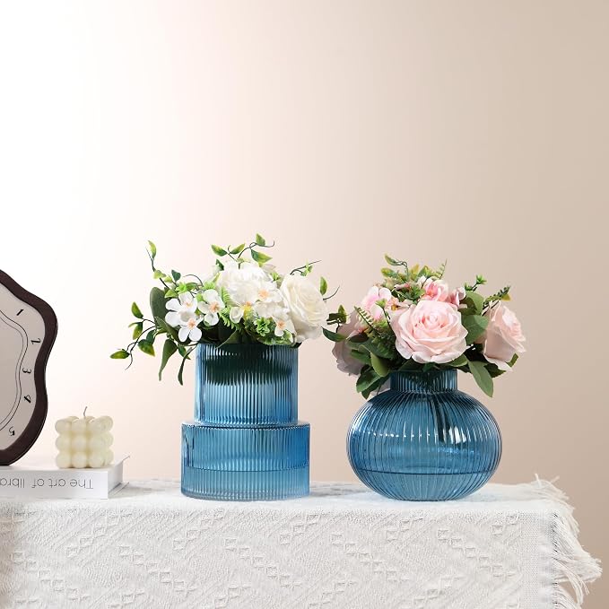 Ribbed Glass Vases, Set of 2 Fluted Vases for Flowers, Blue Glass Vase for Tulips, Modern Vase for Living Room, Kitchen, Office, Entryway, Mantle, Bookshelf, Wedding Gifts, Birthday