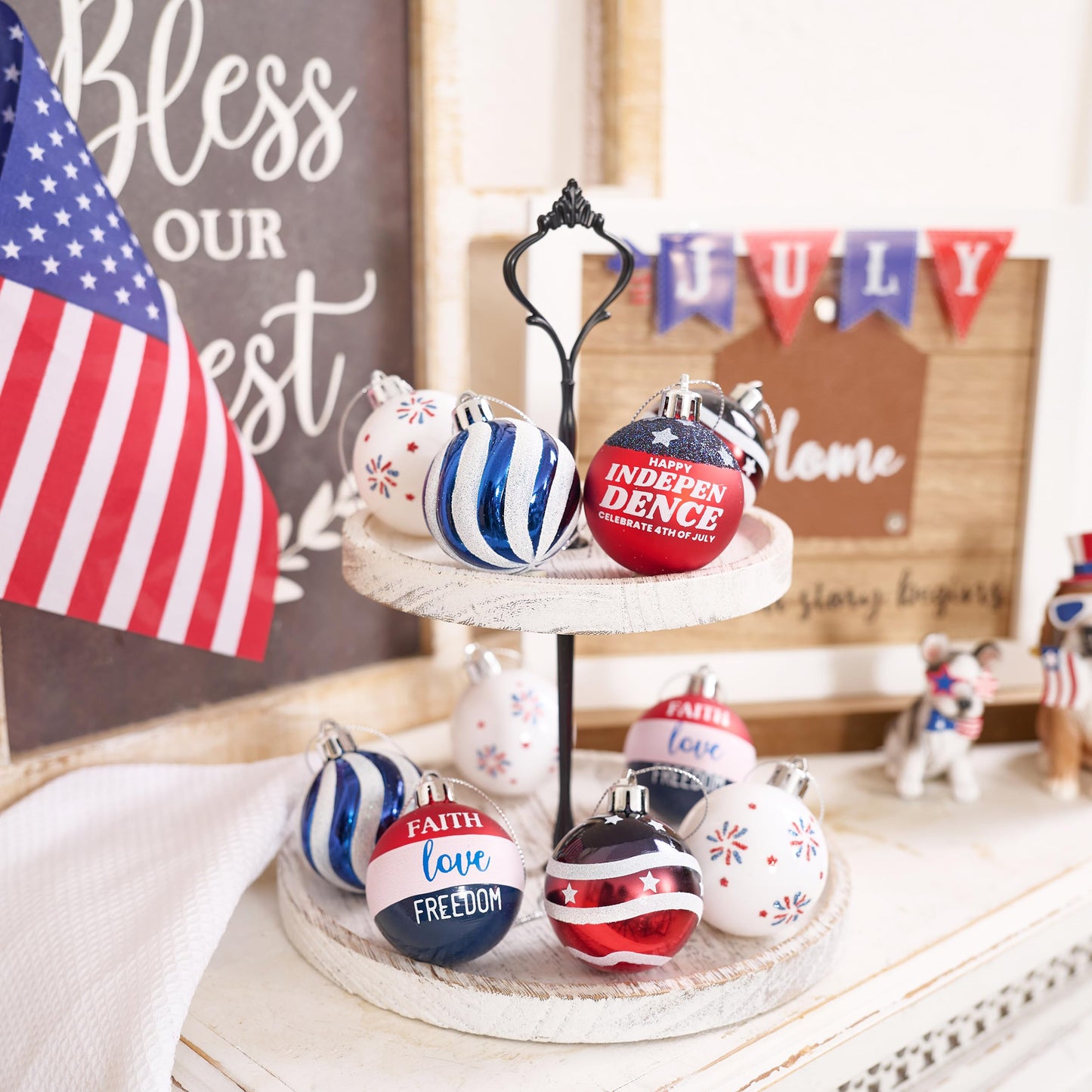Valery Madelyn 4th of July Tree Decorations for Patriotic Memorial Day Ornaments, 16ct 2 Inches Red White Blue Shatterproof Americana Hanging Ball Decor for Independence Day USA 250th Anniversary