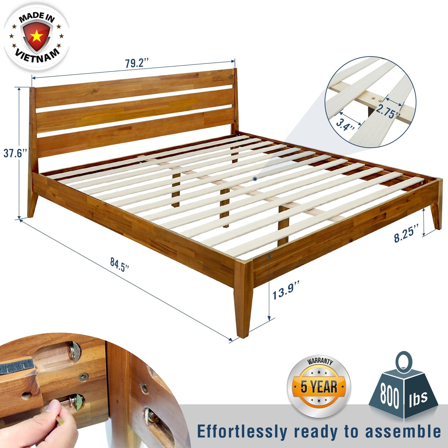 Acacia Emery Bed Frame with Headboard Solid Wood Platform Bed, King Size Bed Frame, Mid - Century Modern Wood Bed Compatible with All Mattresses, Easy Assembly, Non-Slip, Caramel.