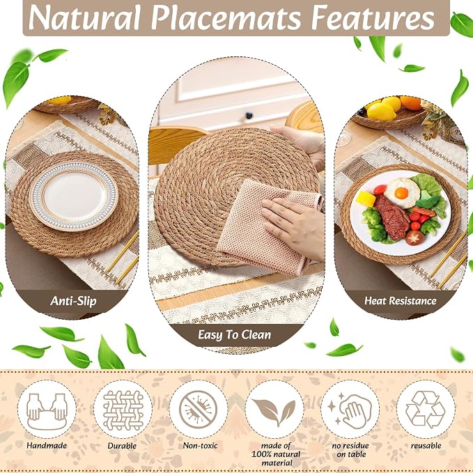6 Sets Boho Decoration Placemats Round Woven Placemats, Cloth Napkins, Wood Bead Napkin Rings, Long Table Runner and Farmhouse Burlap Cotton for Table Kitchen (Brown,12x72)