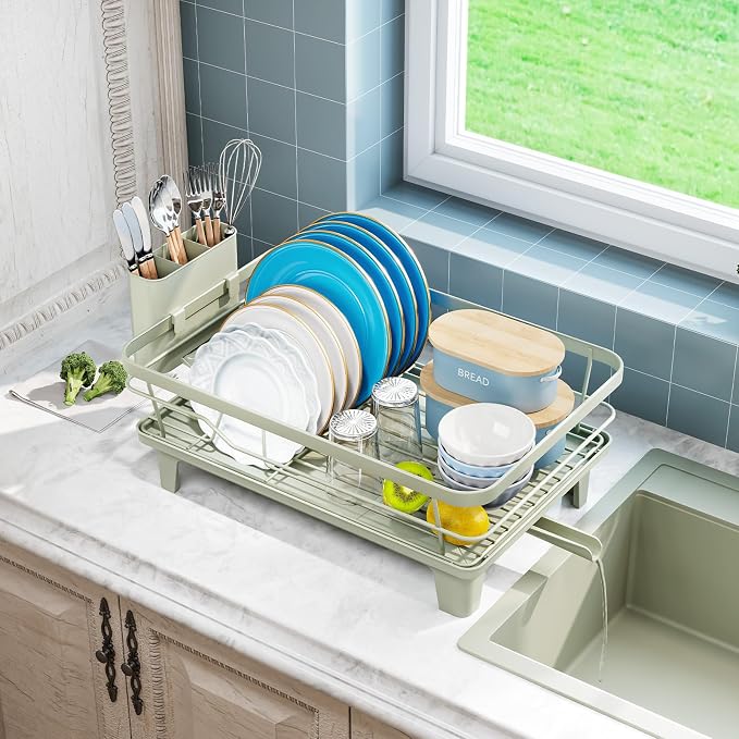 Urackify Dish Drying Rack for Kitchen Counter, Sink Dish Rack with Drainboard, Large Dish Drainer with Cups Holder, Home Countertop Plate Dryer Storage Rack with Cutlery Holder, Soft Celery Green