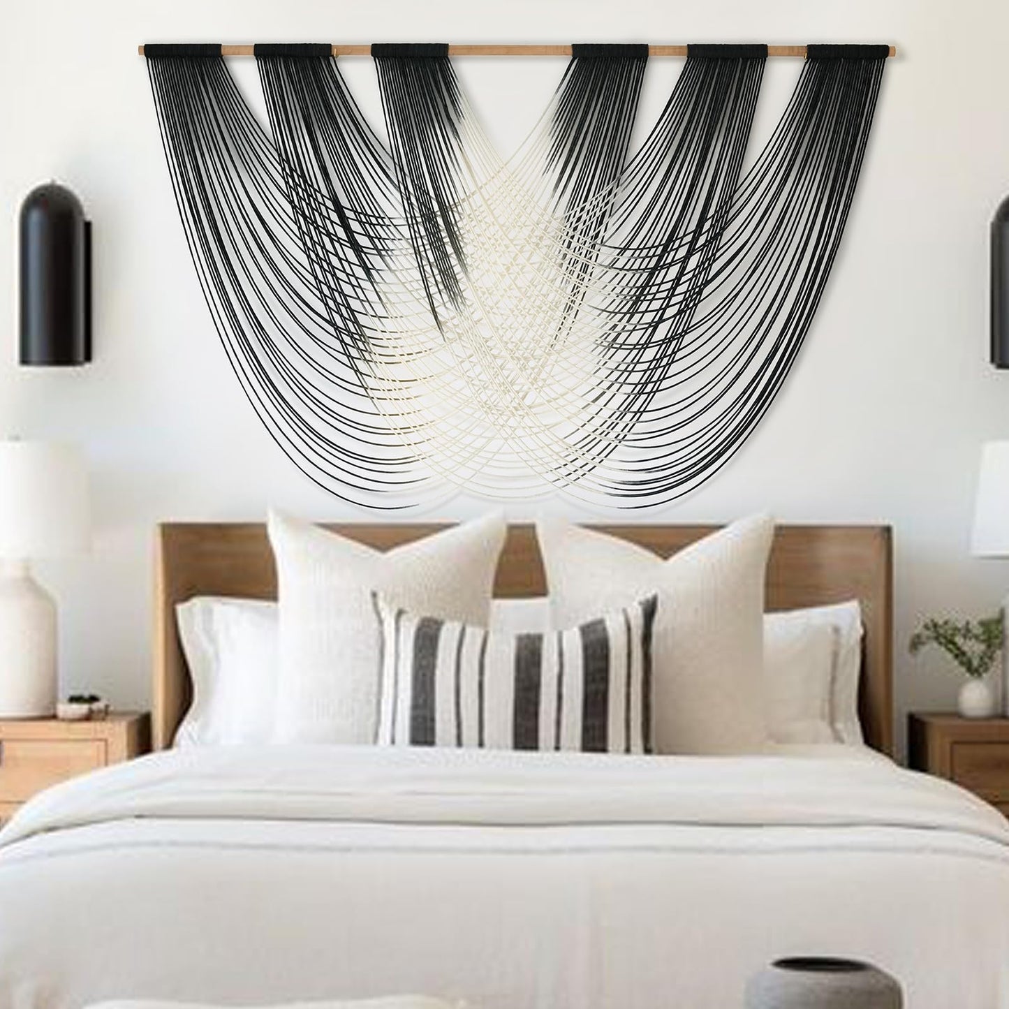 Jakalin Macrame Wall Hanging Black And White Dip Dyed Large Fiber Wall Art Macrame Wall Decor Boho Bedroom Living Room Wall Decor,59" W x 33" L