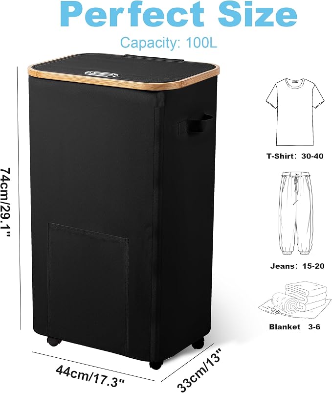 Vincona Laundry Basket with Wheels, Tall Dirty Clothes Hamper on Wheels, Rolling Laundry Hamper with lid for Dorm, Bedroom and Bathroom (Black, 100L)