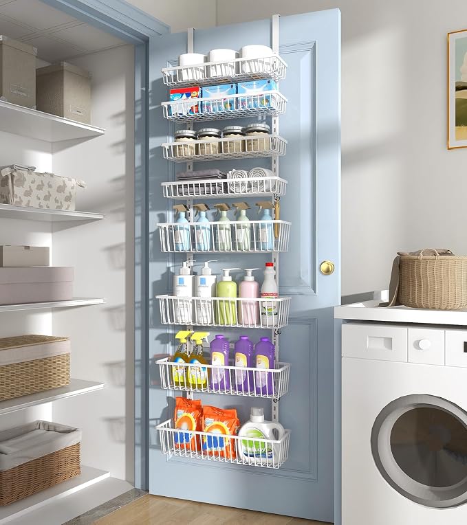 Mefirt Over The Door Pantry Organizer, Pantry Organization and Storage, 8-Tier Deep Baskets Hanging Heavy-Duty Metal, Wall Spice Rack Seasoning Shelves for Home & Kitchen, Laundry Room Bathroom, White