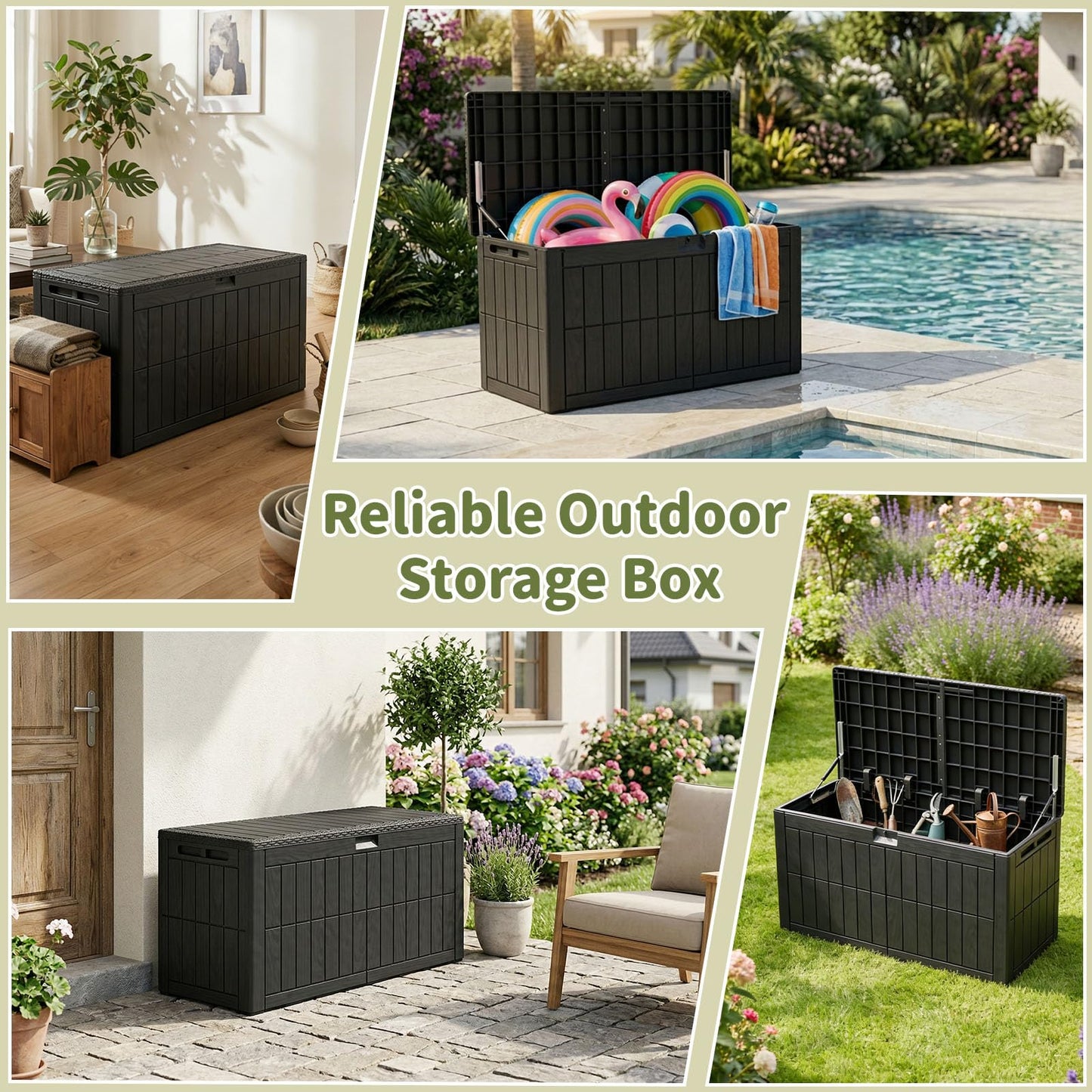 ZOMEYLPO 100 Gallon Outdoor Storage Box, Waterproof Lockable Resin Deck Box with Seat, Patio Furniture Cushion Storage, Garden Tool Organizer & Pool Toy Box, Black