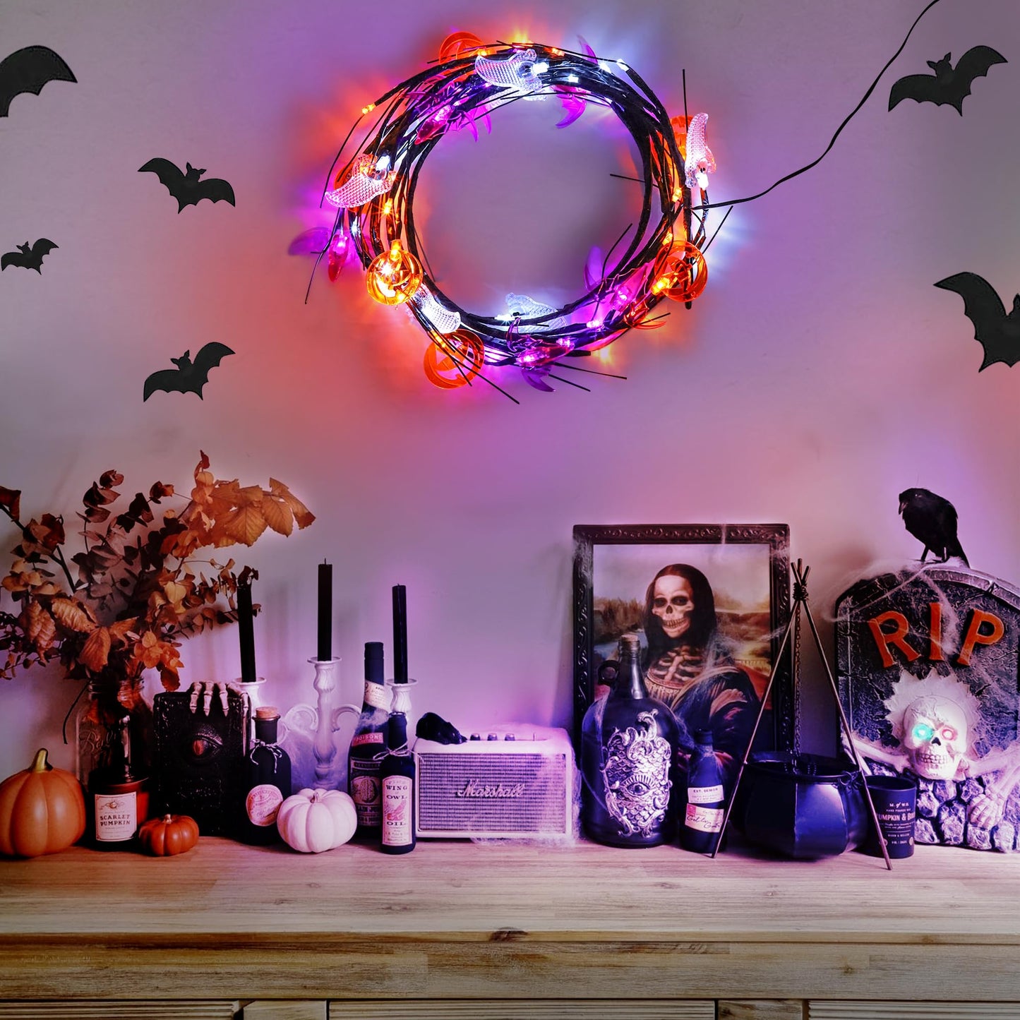 Sakayo [Timer] 6 FT Willow Vine Twig Halloween Decorations Garland with Pumpkin Bat Ghost Lights, 8 Modes Waterproof Battery Operated Halloween Lights Indoor Home Wall Window Mantle Party Decor