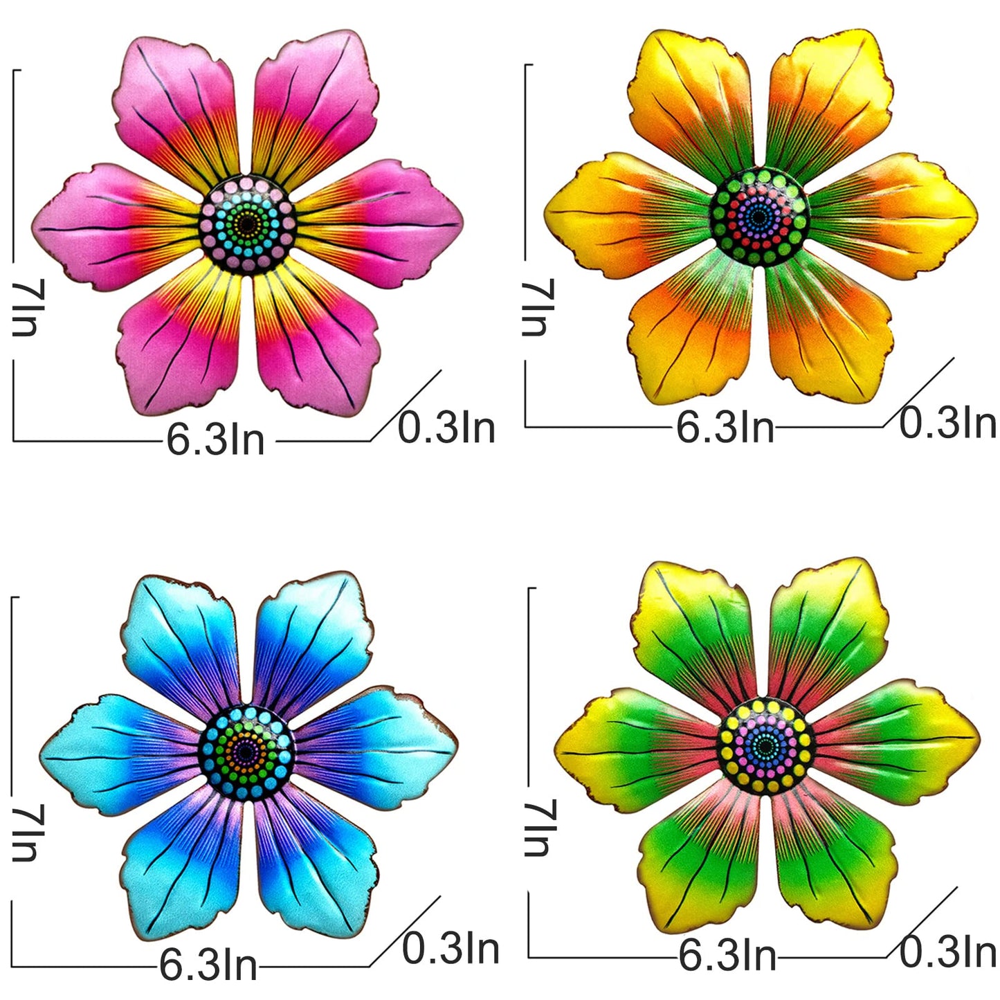 LITIALLY 4PCS Metal Flowers Outdoor Decor, 6 Inch Garden Wall Art Decorative, Metal Flower Outdoor Wall Sculptures Hanging Indoor Outdoor Home, Garden