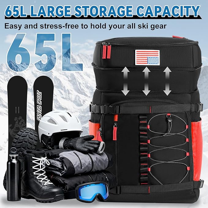 Ski Boot Bag, 65L Ski Boot Bag Backpack Large Ski Boot Travel Backpack Waterproof Ski Bag Ski Equipment Bag for Skis Snowboard & Accessories