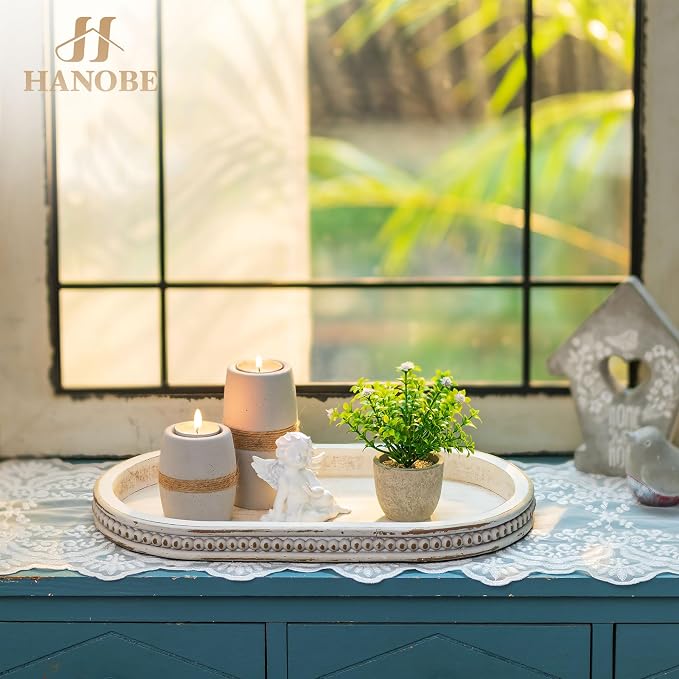 Hanobe Decorative Trays for Coffee Table : White Oval Centerpiece Tray Wood for Farmhouse Entry Table Decor Round Bathroom Tray for Living Room Kitchen Counter