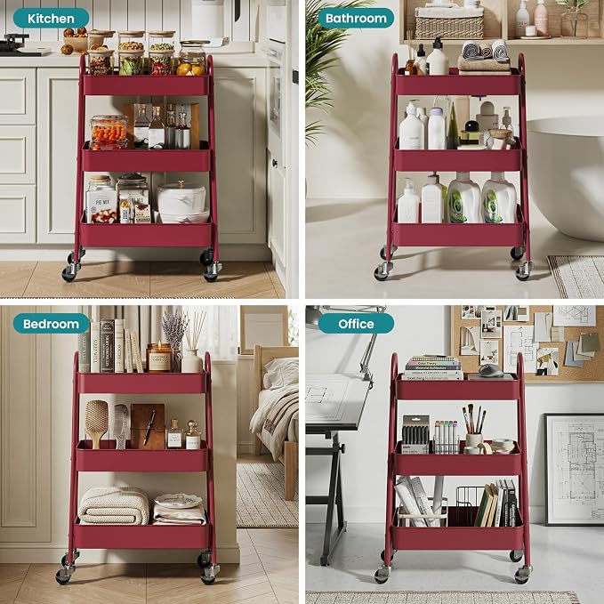 OLIXIS Metal 3 Tiers Utility Rolling Cart, Mobile Storage Shelf with Lockable Caster Wheels, Organization for Livingroom, Bathroom & Narrow Places, Red