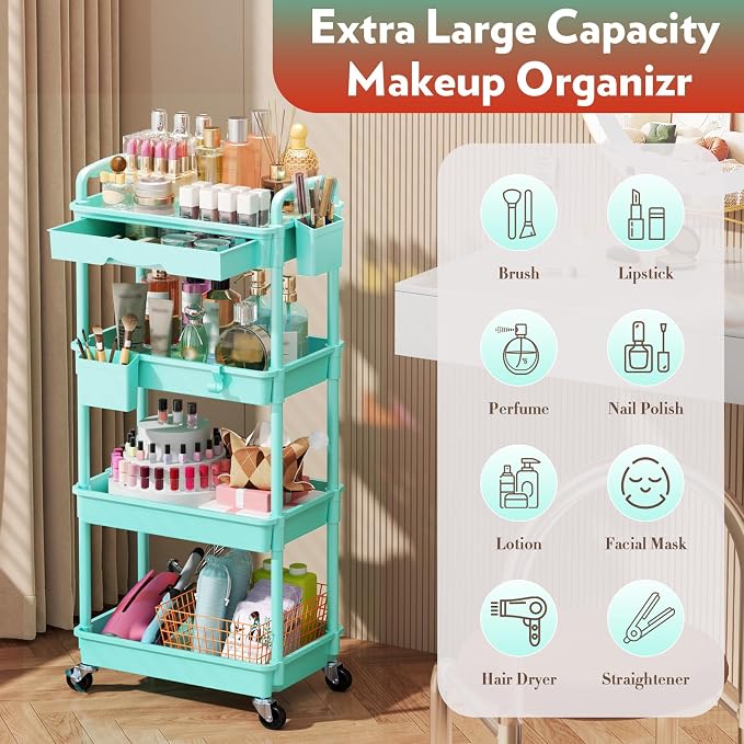 SUNALLY Makeup Cart Organizer with Drawers, 4 Tier Floor Skincare Organizers for Vanity, Rolling Makeup Bathroom Storage Cart Cosmetics Display Cases for Skin Care Perfume Nail Polish, Blue