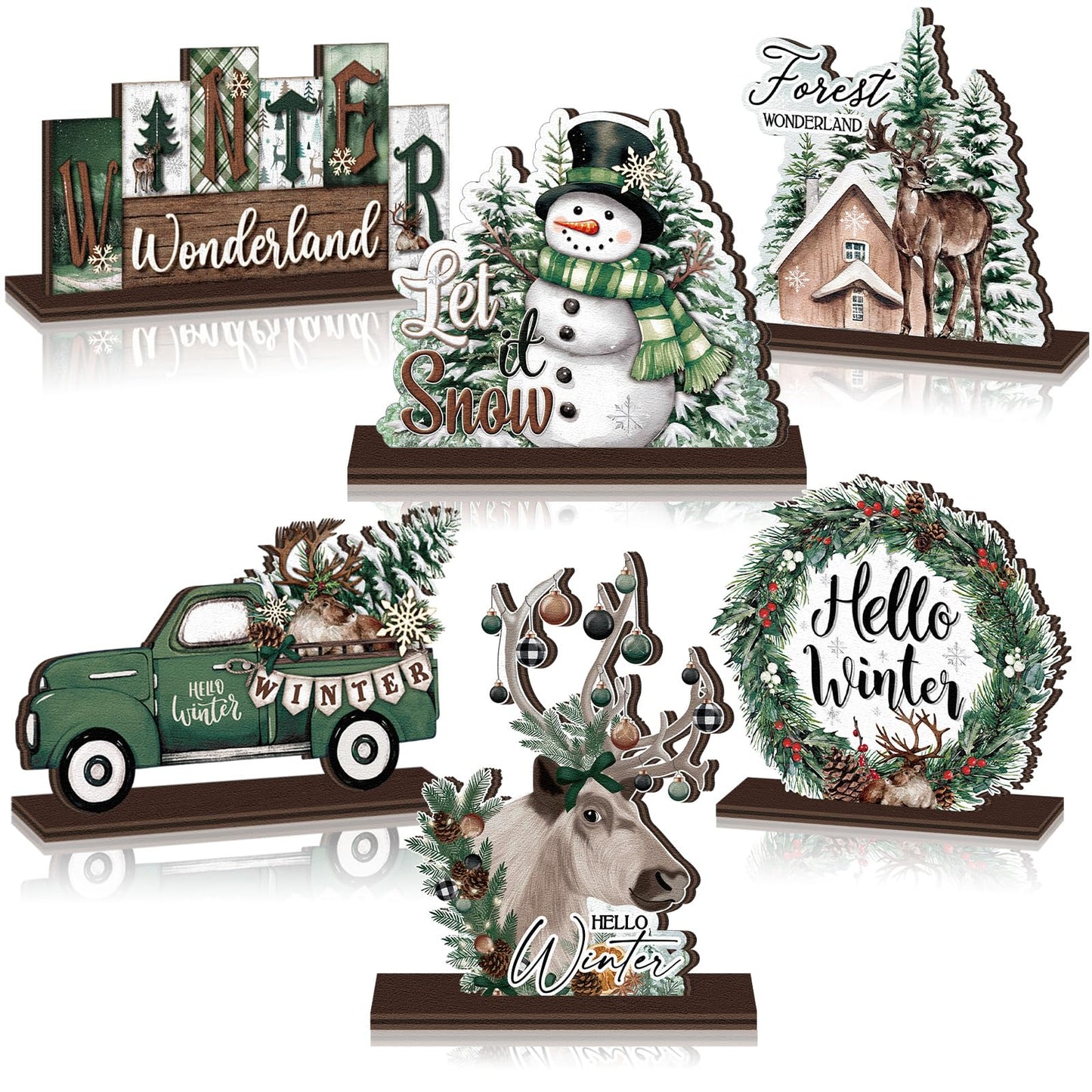 Yuntau 6 Pcs Winter Wonderland Wooden Table Decorations Christmas Wood Tabletop Sign Centerpiece Rustic Decorations for Office Farmhouse Home Decor