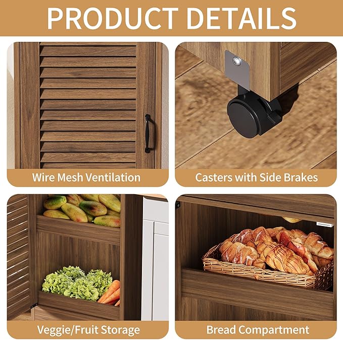 AwayHome 4 Tier Large Potato Storage Bin, Wood Bread Box with Lid and Wheels, Movable Potato and Onion Storage Bin,Decorative Fruit and Vegetable Organization Cabinet for Kitchen,Pantry