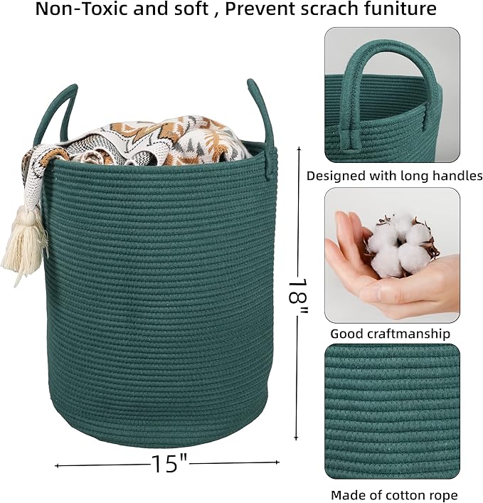 XUANGUO Cotton Rope Laundry Basket Hamper for Clothes Woven Storage Basket for Living Room Bedroom Boho Tall Rope Baskets for Blanket Toys Pillow Towels Baby Nursery Hamper Bin Large dark green