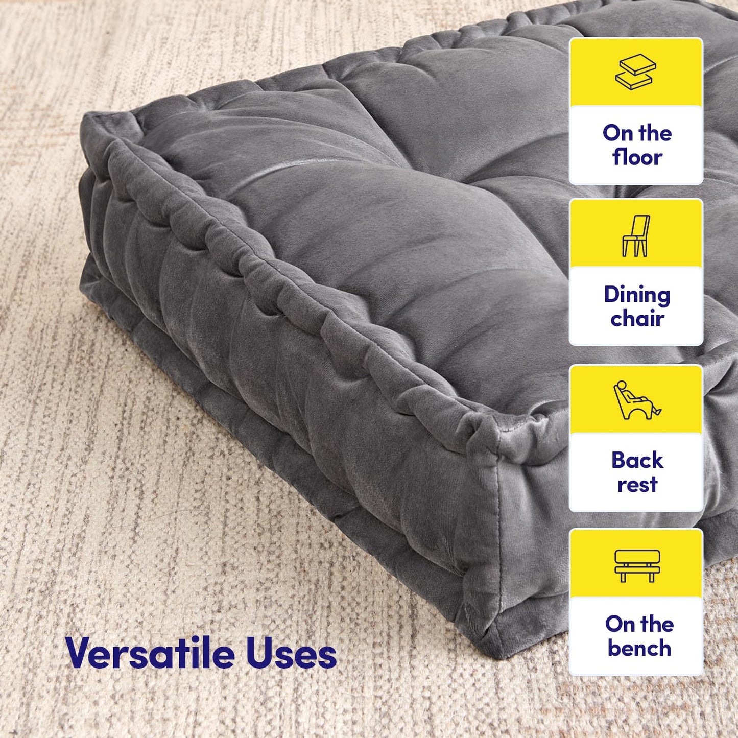 Sweet Home Collection Floor Pillow Large Square Tufted Decorative Cushion. Faux Velvet Fabric Ultra Thick Fill for Kids and Adults, Gray (Pack of 1)