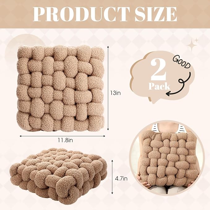 Wenqik 2 Pcs Knot Pillows Square Knotted Plush Throws Soft Accent Pillows Decoration Cushion for Couch Home Office Living Room Bedroom Bed Sofa Decor, 12'' x 13''(Khaki,Lambswool)